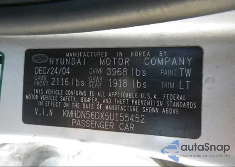 2005 Hyundai Elantra Gls/Gt z USA, uszkodzony, nr VIN KMHDN56DX5U155452